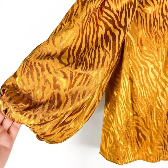 Alice + Olivia‎ Annabelle Top Autumn Gold Mock Satin Neck 3/4 Puff Sleeve Sz S - Picture 4 of 9